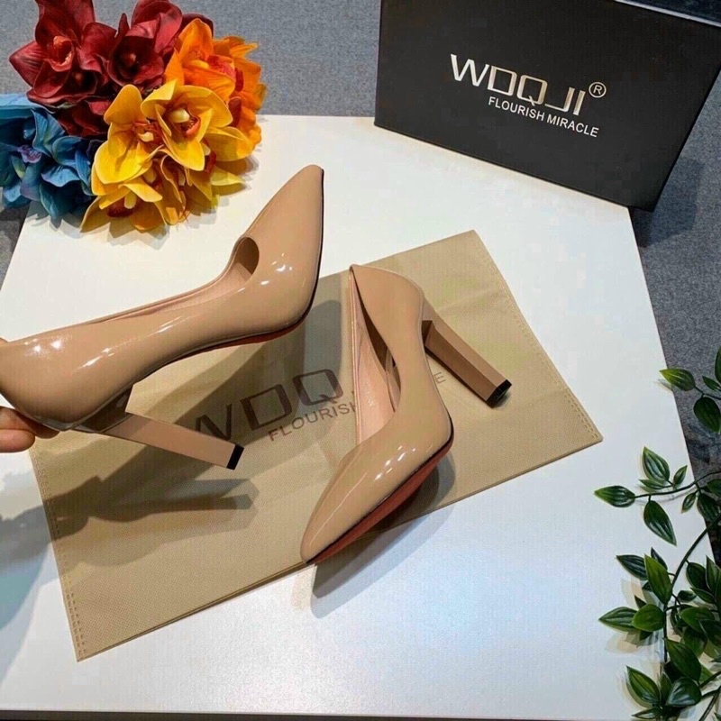 Giày cao gót wdqji gót vuông dẹt cao cấp màu be đậm