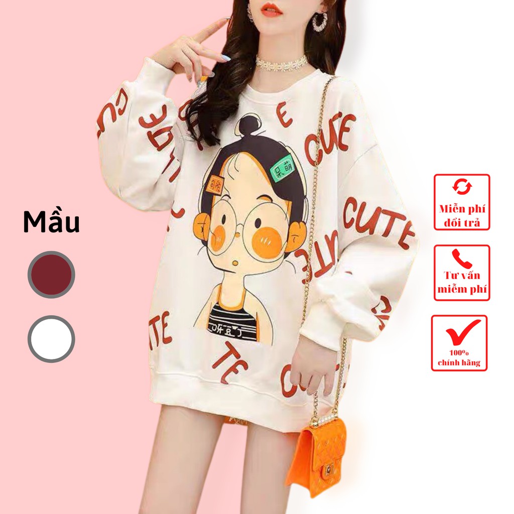 Áo sweater nỉ thun form rộng hàn quốc mầu trắng cổ tròn dài tay ấm cute giá rẻ G053