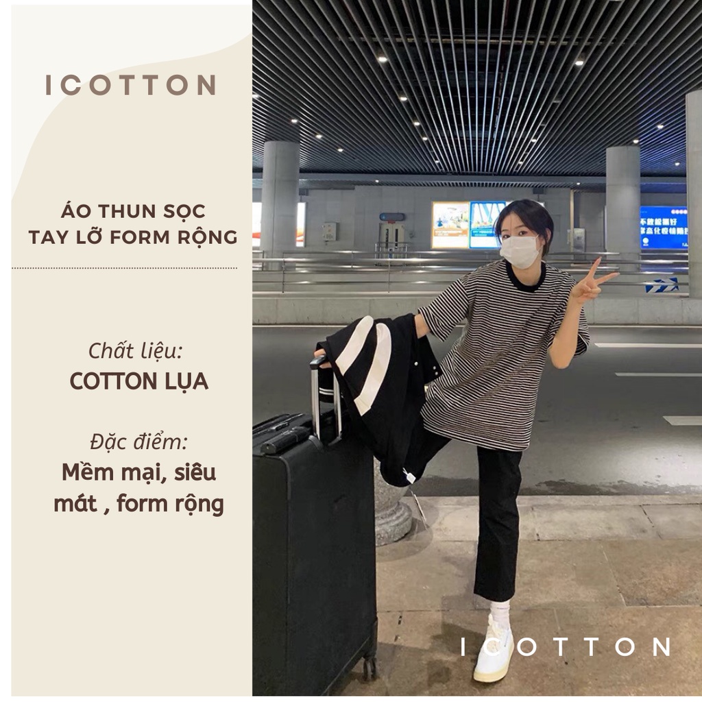 Áo thun nữ tay lỡ form rộng Icotton  áo phông nữ dáng rộng sọc ngang mềm mại cá tính