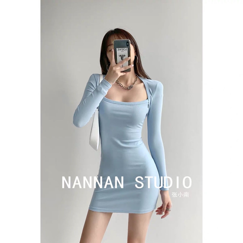 COZOK Đầm dệt kim tay dài cổ vuông ôm eo giả hai lớp thời trang cho nữ