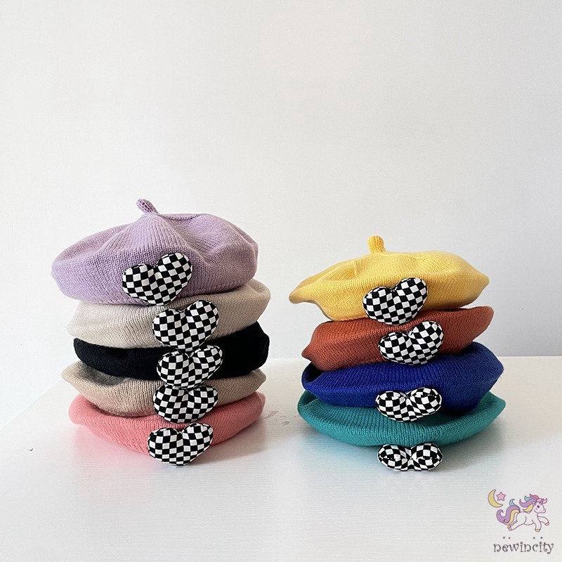 Mũ Beret Dệt Kim Ba Chiều In Họa Tiết Kẻ Ô Trái Tim Thời Trang Hàn Quốc Cho Bé Gái