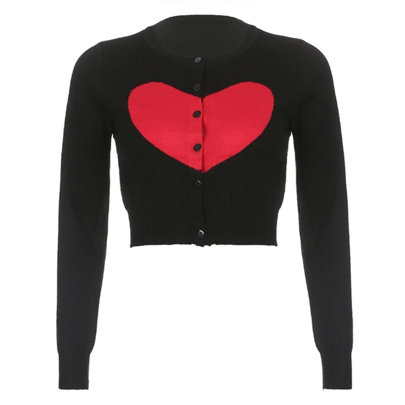 Áo Khoác Cardigan Dệt Kim Tay Dài Dáng Ôm Cài Khuy Họa Tiết Trái Tim Dễ Thương Cho Bạn Gái