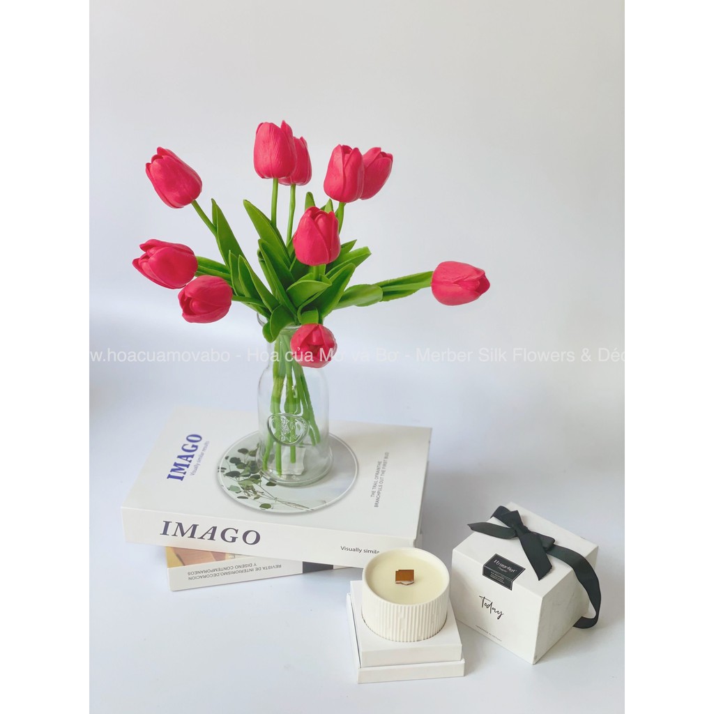 Hoa Lụa Tulip Lá Thẳng Nhiều Màu Merber (Mơ & Bơ) BôngTulip Giả Cao Cấp Decor Trang Trí Trong Nhà, Phòng Khách, Để Bàn