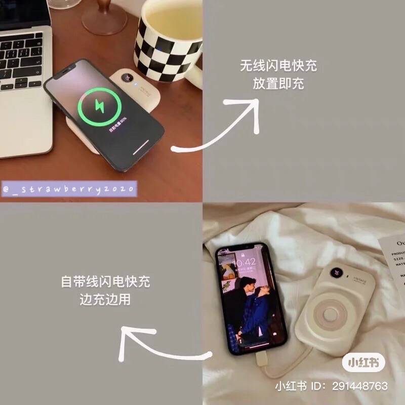 Sạc pin dự phòng không dây có hai dây cắm màu pastel