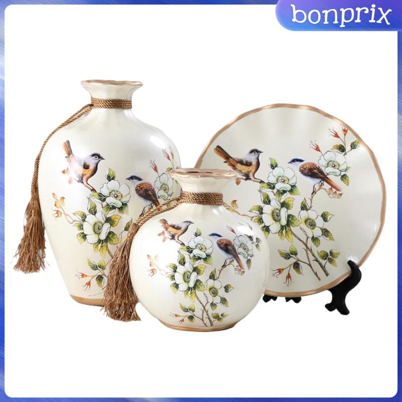 Bộ 3 Lọ Hoa Sứ Họa Tiết Chú Chim + Giá Đỡ Độc Đáo Trang Trí Nhà Cửa