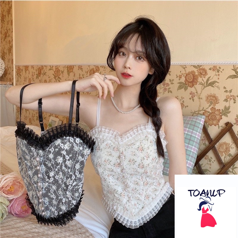 Áo Bra Nữ Ren Hoa Tiểu Thư Đính Hạt Viền Bèo, Chun Sau Dáng Croptop Siêu Xinh Kèm Mút Ngực Ms B3