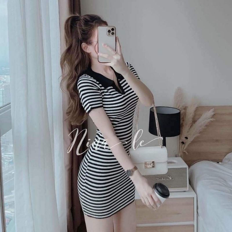 Đầm Thun Suông Kẻ Sọc Ngang Cổ Áo Polo | BigBuy360 - bigbuy360.vn