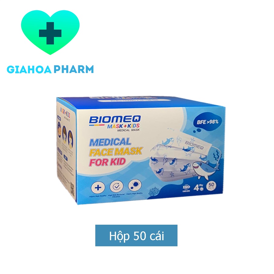 Khẩu trang y tế kháng khuẩn trẻ em Biomeq Mask Kids Hộp 50 cái - Hình thú dễ thương, ngăn khói bụi, thoáng khí, mềm mịn