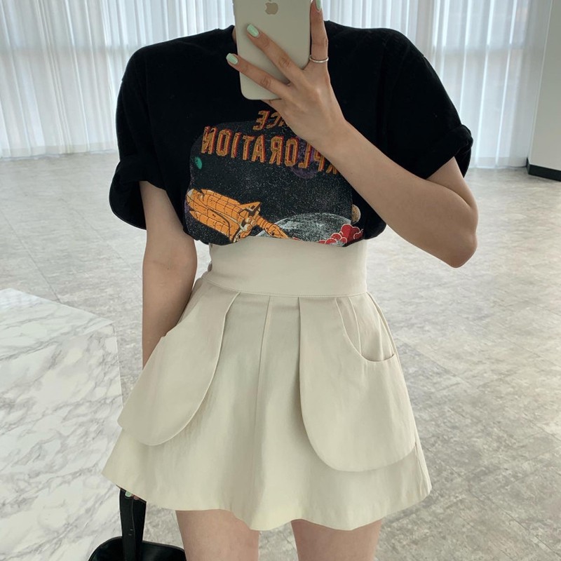 (HÀNG SẴN) Set áo thun in hình form thụng basic Hàn Quốc+ Chân váy bo eo giả túi style Hàn Quốc