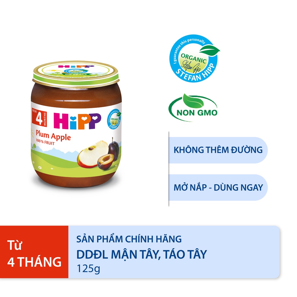 Dinh dưỡng đóng lọ trái cây ăn dặm Organic Burine HiPP hỗ trợ tiêu hóa cho bé từ 4 tháng tuổi - Nhập khẩu châu Âu