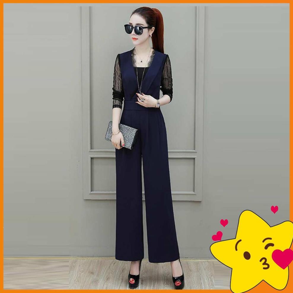 [Hàng thiết kế giá sỉ ]Jumsuit Dài Xanh Navy Ống Suông Tay Phối Ren Lưới Thời Trang - TP1861 hàng vnxk