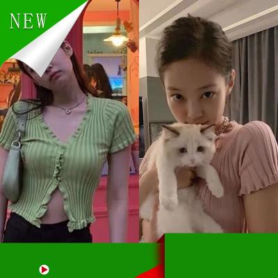 Áo dệt kim tay ngắn thiết kế xẻ trước phong cách Jennie BLACKPINK điệu đà thời trang cho nữ
