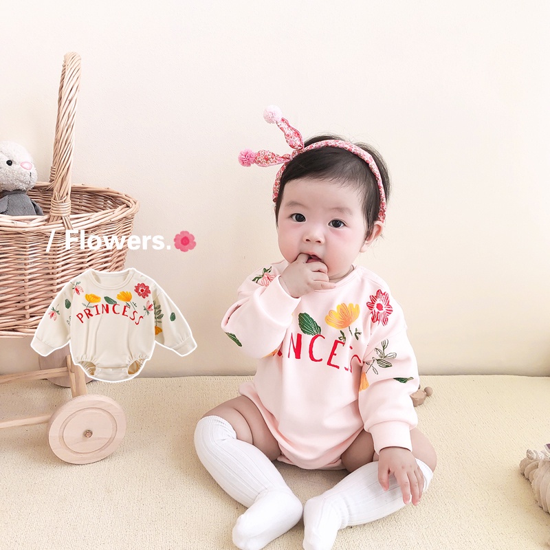 Bộ Áo Liền Quần Dài Tay In Hoa Cho Bé Gái Sơ Sinh