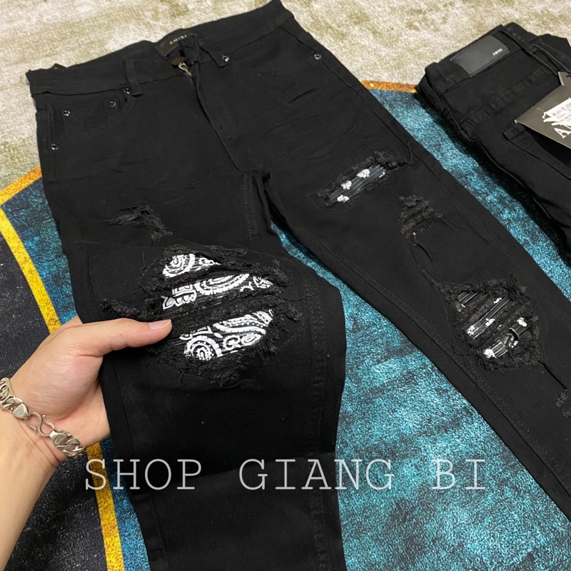 Quần jean nam vá da nhăn khâu viền,quần bò vá da nhăn rách xước nhẹ dáng slimfit