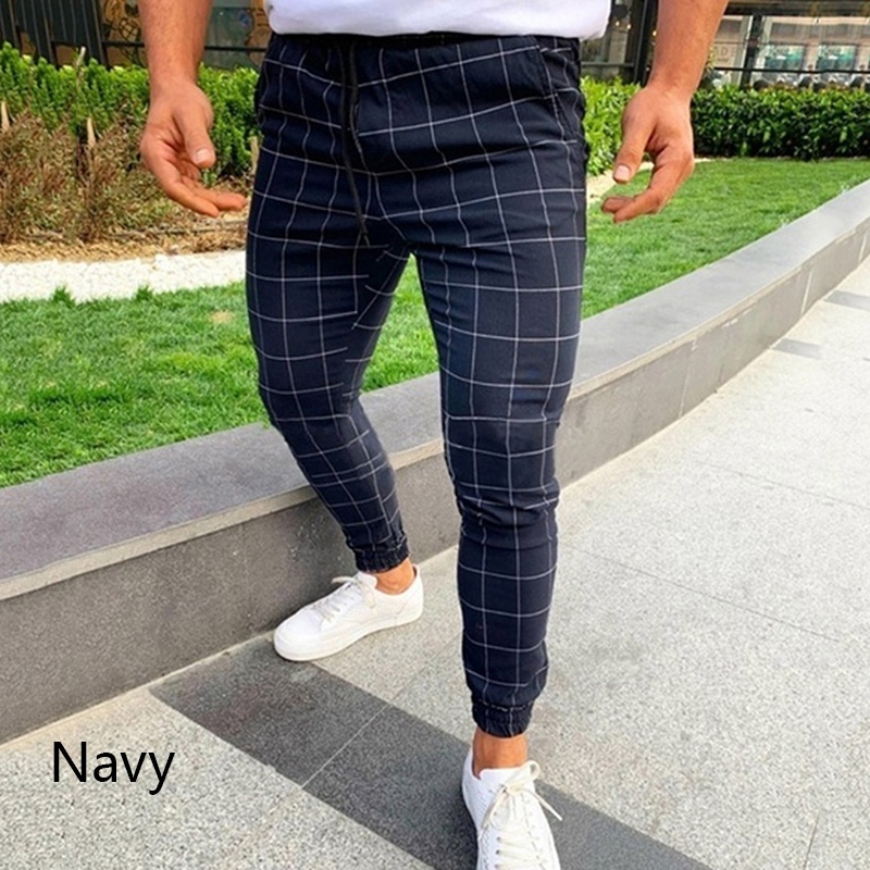 Fashion Man Pants High Waist Drawstring Plaid Men Pants Casual Street Style Zipper Elastic Slim Trousers