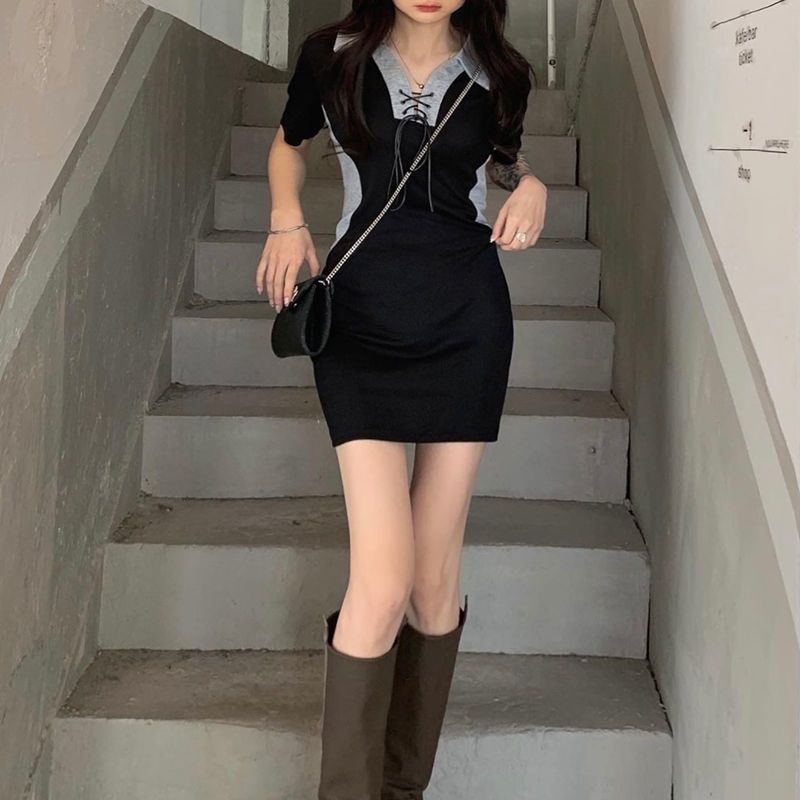 Đầm Ngắn Ôm Eo Cao Màu Đen Có Cổ Thời Trang Mùa Hè Dành Cho Nữ