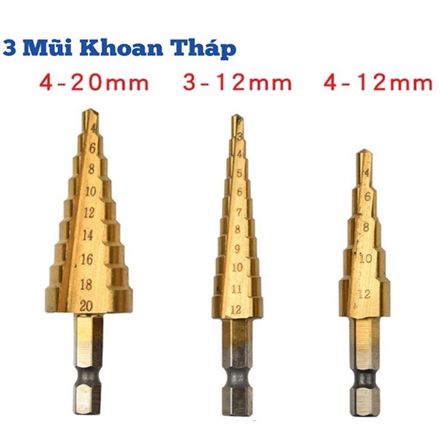 Bộ 3 mũi khoan bước tháp phủ Titan khoan nhựa, gỗ, kim loại