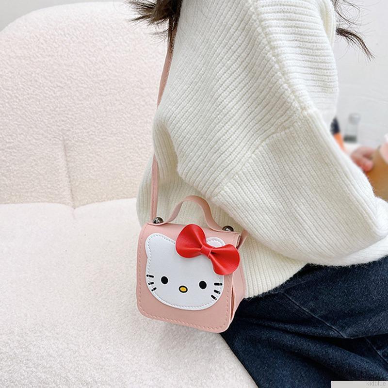 Túi đeo chéo da PU hình mèo đính nơ dễ thương cho bé gái