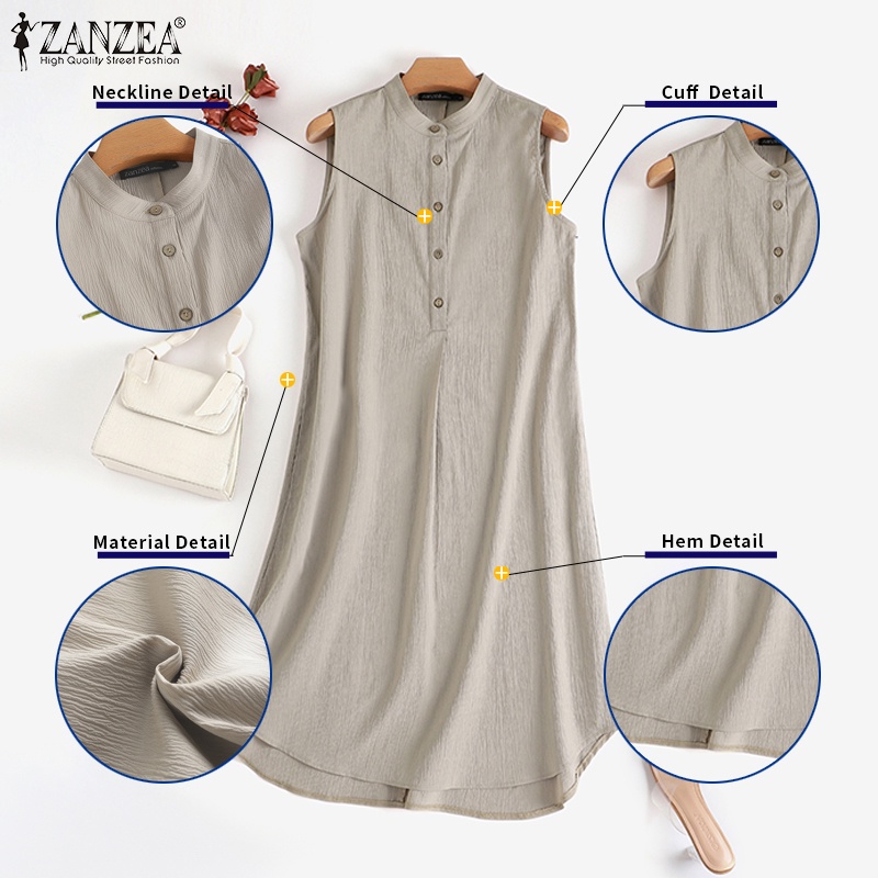 ZANZEA Đầm Mini Không Tay Cổ Tròn Cài Nút Phía Trước Thời Trang Cho Nữ