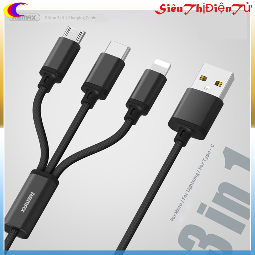 CÁP SẠC NHANH REMAX RC 131th 3 ĐẦULIGHTNING MICRO USB TYPEC SẠC CHO TẤT CẢ ĐIỆN THOẠI IPHONE SAMSUNG