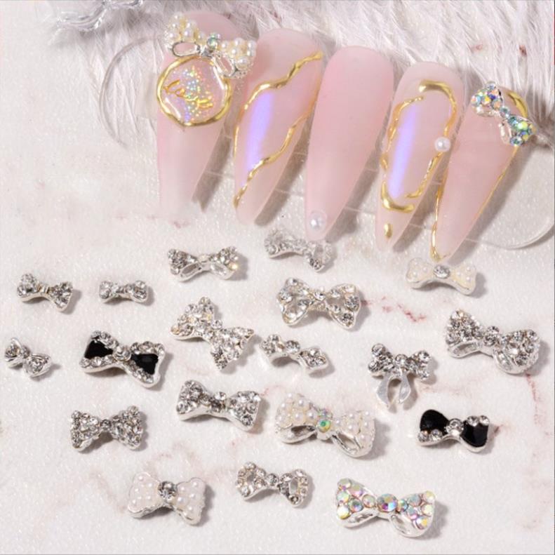Charm nail nơ bạc, charm nơ nail quốc dân phong cách hàn quốc trang trí móng