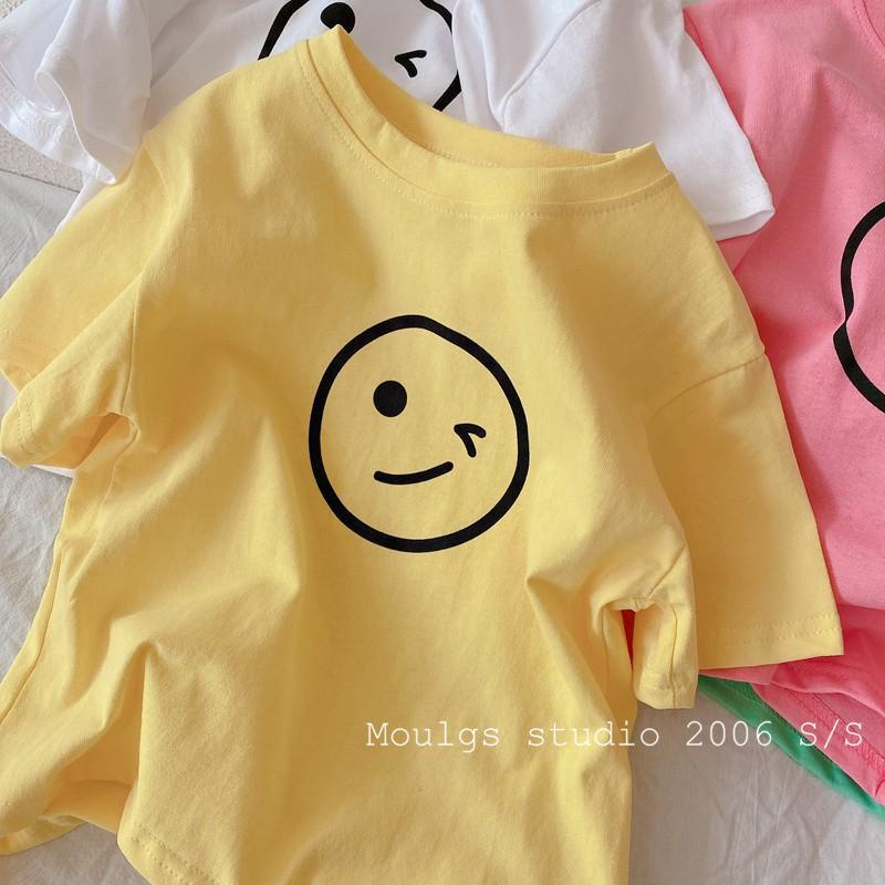 Áo Thun Dáng Rộng Ngắn Tay Màu Trơn In Hình Mặt Cười Thời Trang Mùa Hè Hàn Quốc Dành Cho Nữ 2023