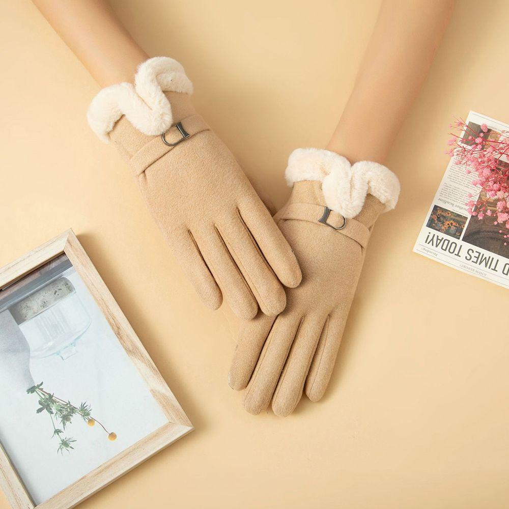 Đôi Găng Tay Da Lộn Phối Lông Giữ Ấm Cảm Ứng Chống Trượt Thời Trang Mùa Đông Cho Nữ