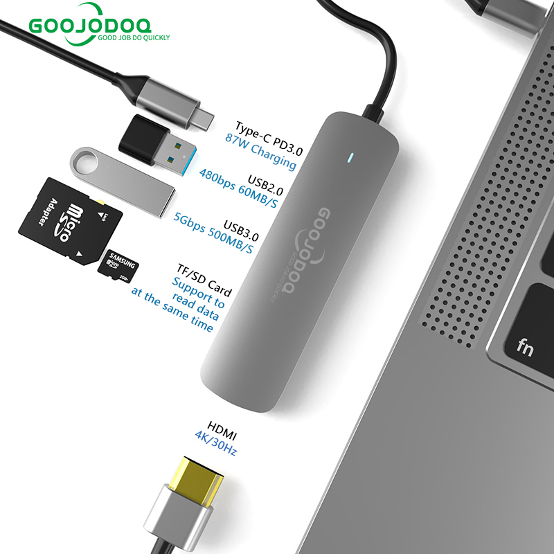 Hub chia cổng USB C GOOJODOQ 6 trong 1 Type-C sang USB với cổng PD