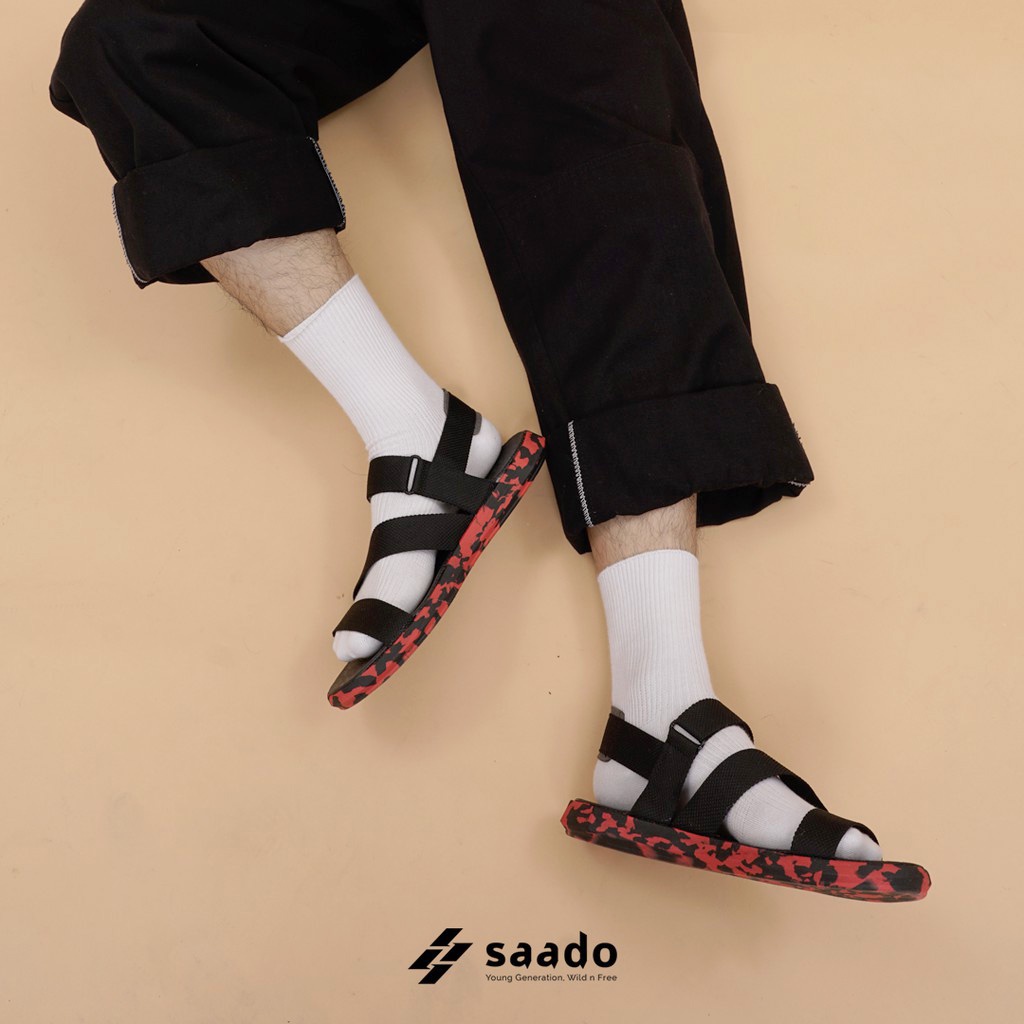 Sandal Saado chính hãng CL09 màu đỏ đen đế rằn ri Chiến Binh Da Đỏ, Dép quai sau nam nữ nhẹ bền, không hôi chân