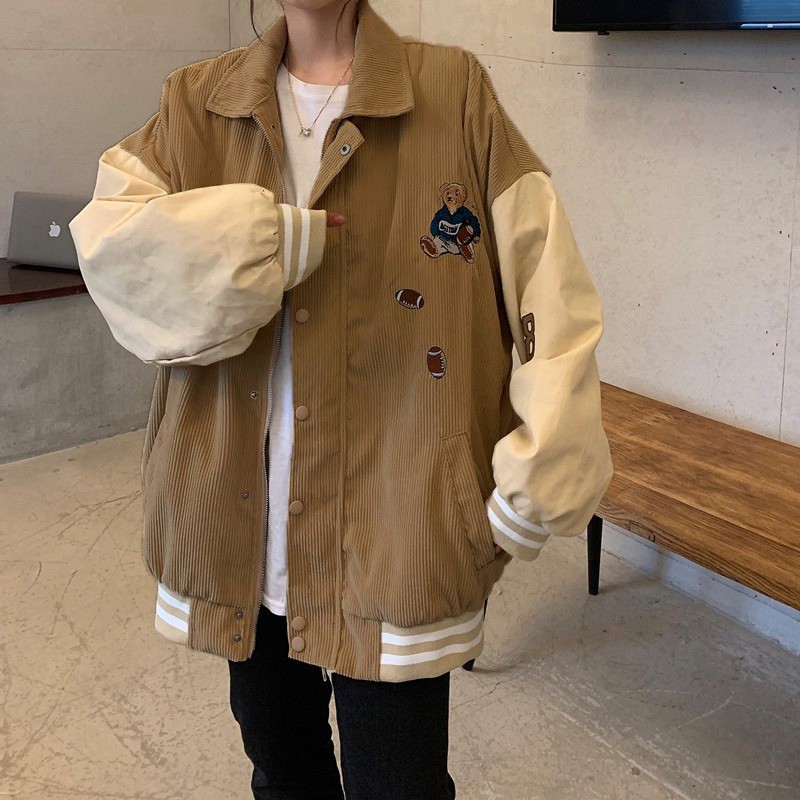 Áo Khoác Bomber Jackets kaki Nhung Tăm Cổ Bẻ Thêu GẤU 89 Form Rộng Unisex Nam Nữ Ulzzang