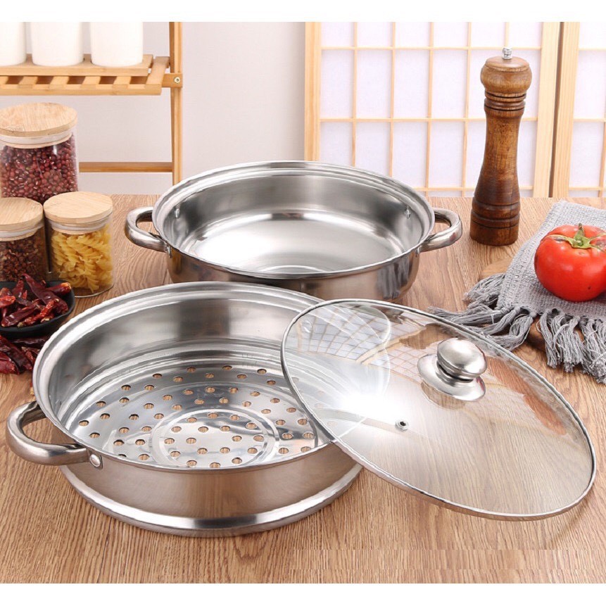 [ Hàng Sẵn HCM + Freeship ] Nồi Lẩu Nồi Hấp Xửng Hấp INOX 2 Tầng Đa Năng 28cm dùng được bếp từ bếp hồng ngoại