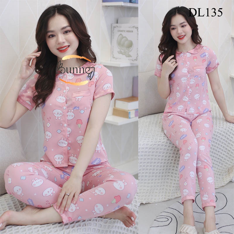 [BunnySky] BỘ NỮ MẶC NHÀ KIỂU DÁNG ĐẸP HỌA TIẾT NGỘ NGHĨNH, TAY CỘC QUẦN DÀI QUẦN ÁO CHẤT LIỆU LỤA MỀM MÁT