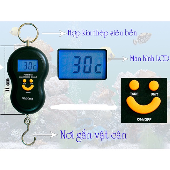 CÂN ĐIỆN TỬ MINI MÓC TREO CẦM TAY 40KG HÌNH MẶT CƯỜI DÙNG PIN MÀN HÌNH LCD, ĐỘ CHÍNH XÁC CAO