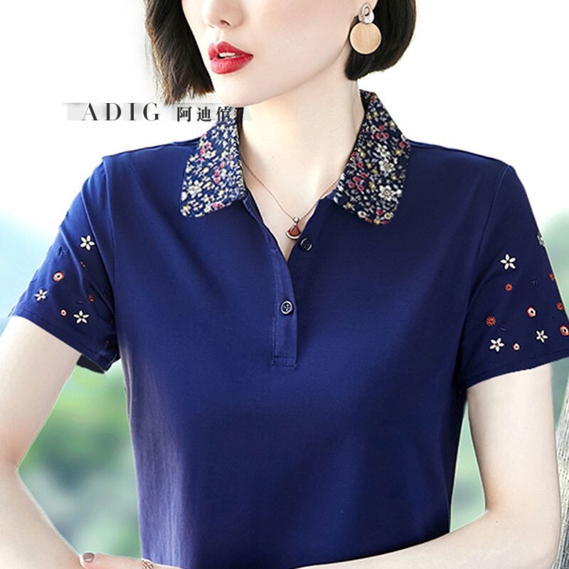 Áo thun cotton tay ngắn dáng rộng thêu họa tiết thời trang mùa hè cho nữ trung niên 2021