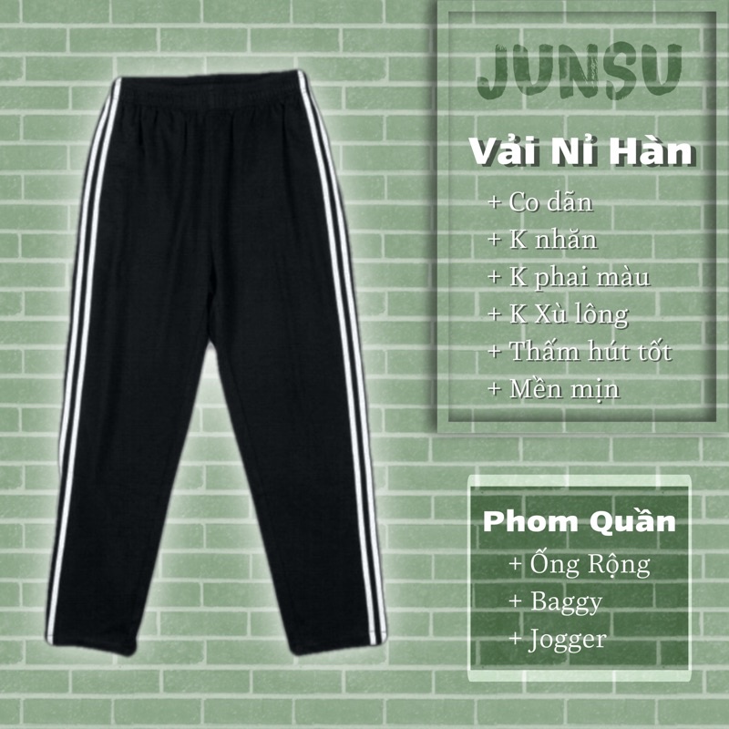 Quần thể thao nam nữ 3 sọc Basic Unisex ống rộng dáng suông Jogger vải nỉ co giãn dây rút Thời Trang JUNSU