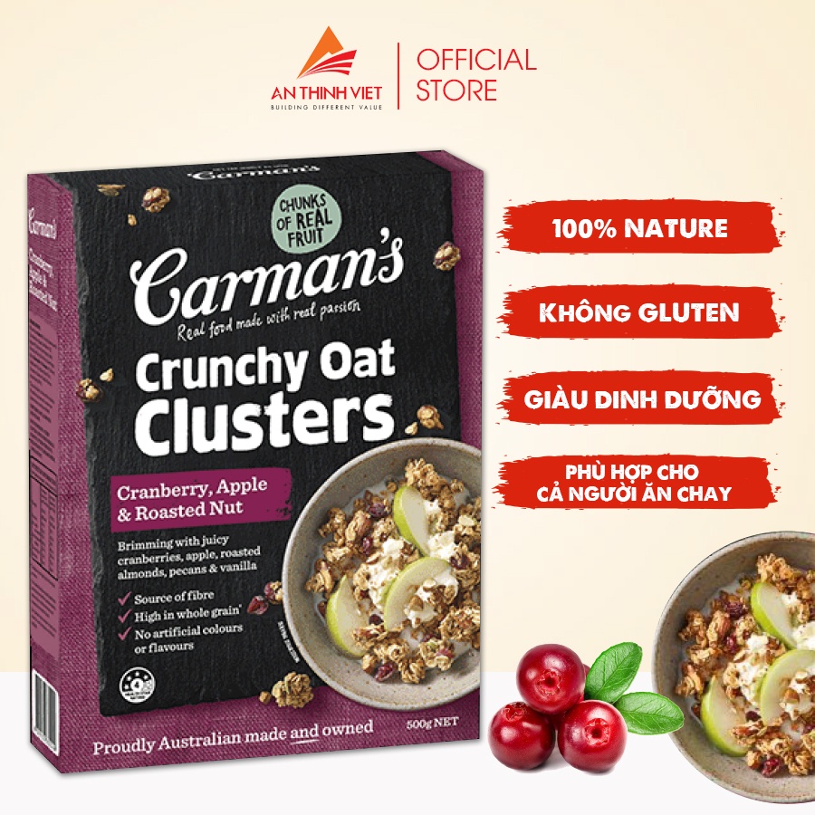 Ngũ Cốc Carman's Sấy Giòn Phúc Bồn Tử, Táo & Các Loại Hạt - Crunchy Cluster - Cranberry, Apple & Nut - Hộp 500g