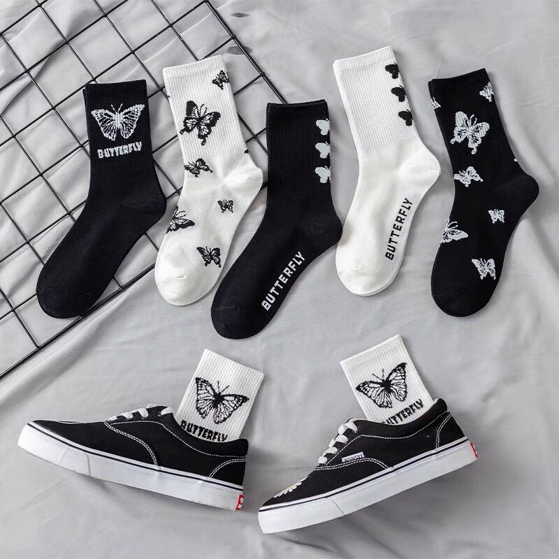 Tất cổ cao Bitastore Vớ nam nữ cổ cao, vớ dài unisex in hình bướm cực đáng yêu