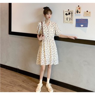 Váy - Đầm babydoll hoa cúc tím ngắn tay bồng chun eo cổ bèo