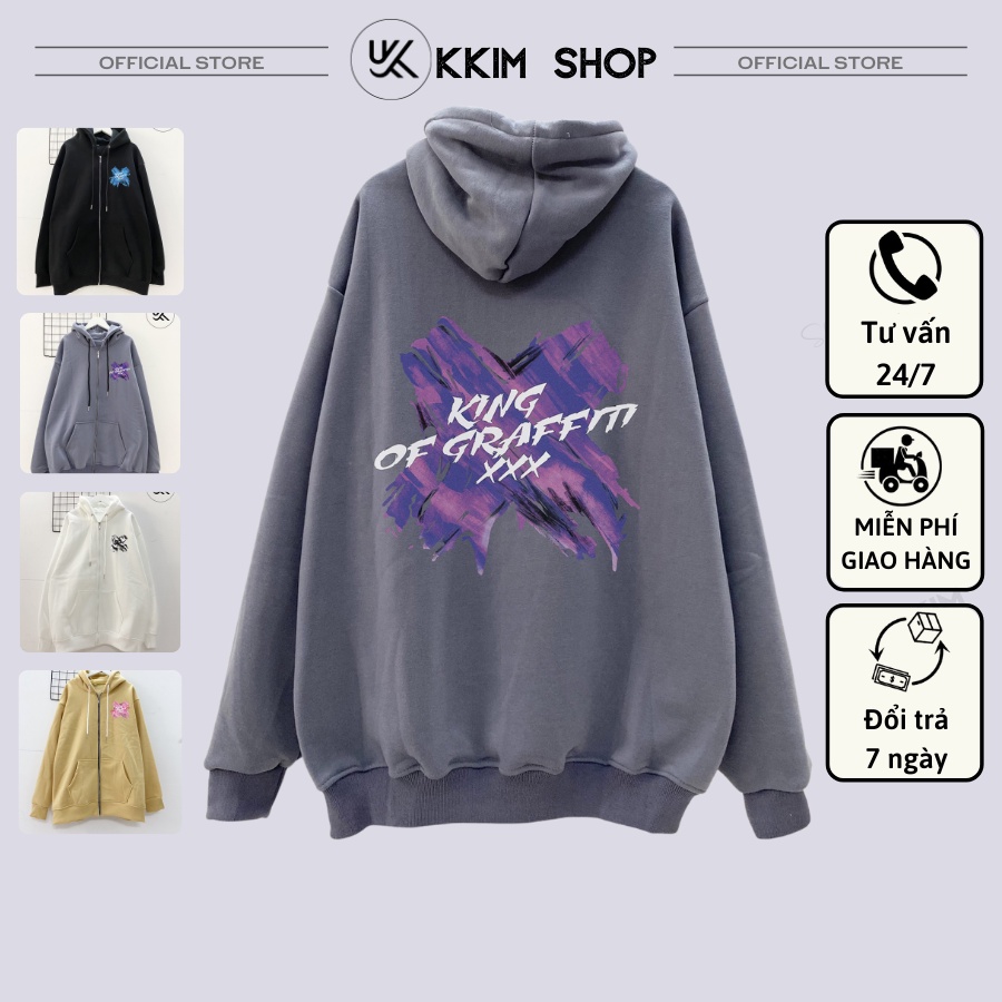 Áo Nỉ HOODIE Dây Kéo KING GRAFFITI XXX, Form Rộng Ulzzang Unisex , hoodie nỉ bông cao cấp, nam nữ. kkimshop