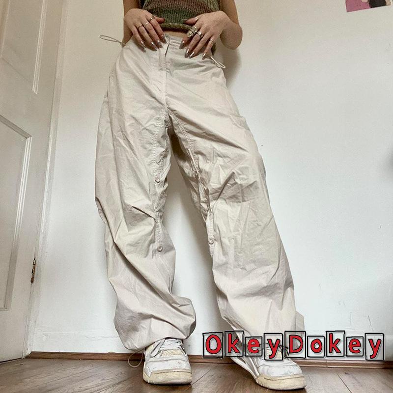 Quần Dài Lưng Cao Ống Rộng Dây Rút Phối Túi Y2K Phong Cách Vintage Cho Nữ