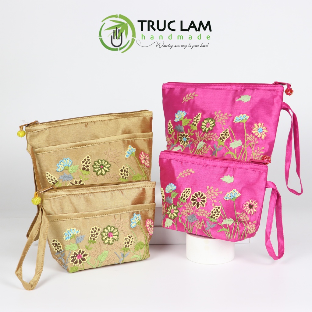 Ví Cầm Tay Nữ Vải Tafta Họa Tiết Hoa Cỏ Thêu Tay Set 2 Chiếc Thêu 2 Mặt - Trúc Lâm Handmade