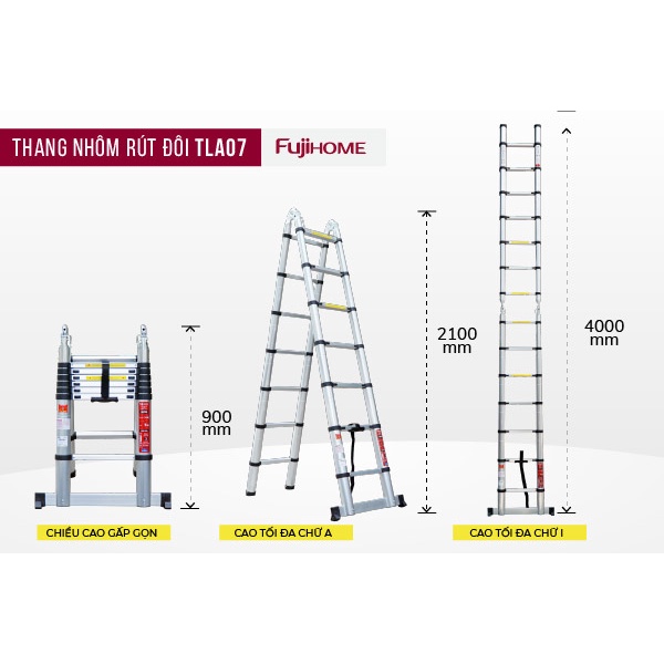 Thang nhôm rút chữ A cao 4,4M - 5M gấp gọn nhập khẩu chính hãng FUJIHOME Công nghệ Nhật Bản- Chính hãng bảo hành 1 năm