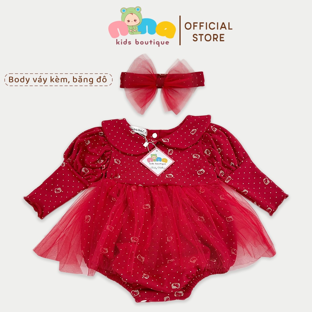 Body thu đông cho bé Nina Kids Boutique Body váy bé gái sơ sinh Bộ áo liền quần Dài tay Size 0 24 tháng Kèm Turban nơ