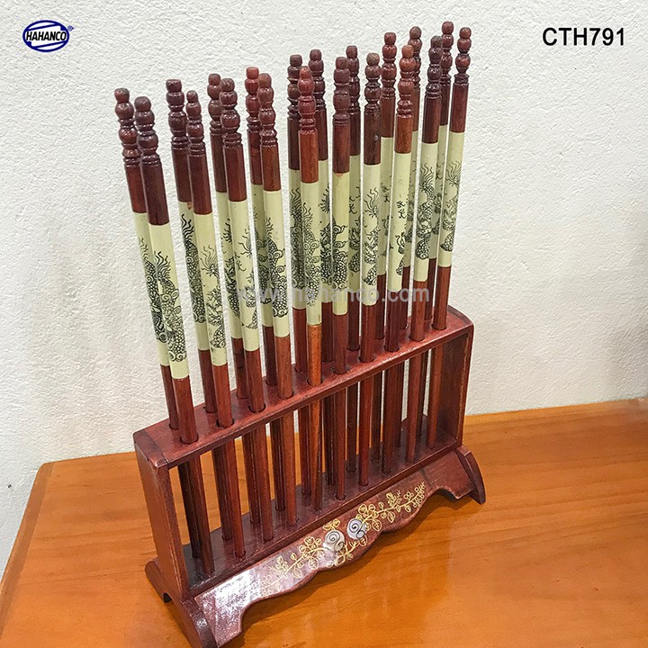 Bộ Đũa Thờ HAHANCO 10 Đôi + Giá Đũa Hoa Văn PHONG THỦY GỖ HƯƠNG Loại 1