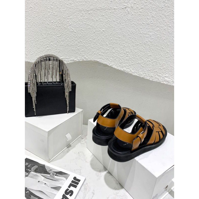 Dép sandal nữ da thật mũi tròn bịt mũi the row