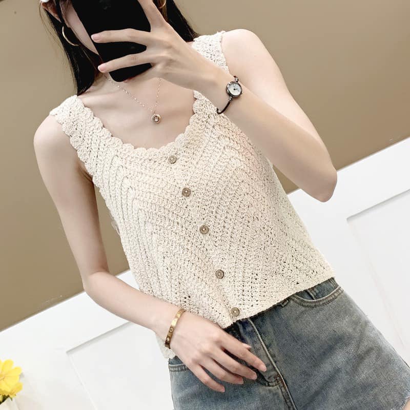 Áo nữ len lưới sát nách Quảng Châu cúc gỗ chất len móc hàng L1 siêu đẹp