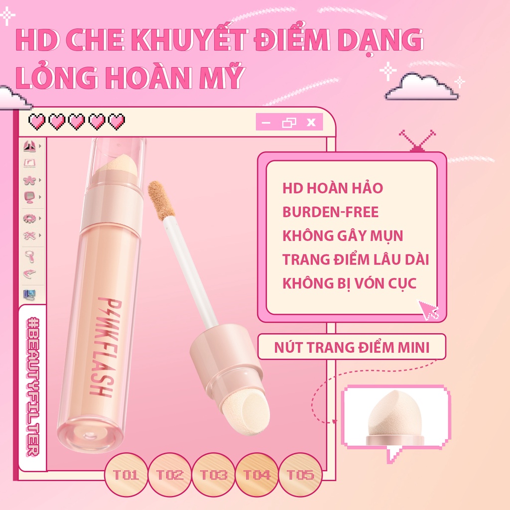Kem che khuyết điểm PINKFLASH HD dạng lỏng không tì vết lâu trôi không phai màu dưỡng ẩm thoáng khí 40g chất lượng cao