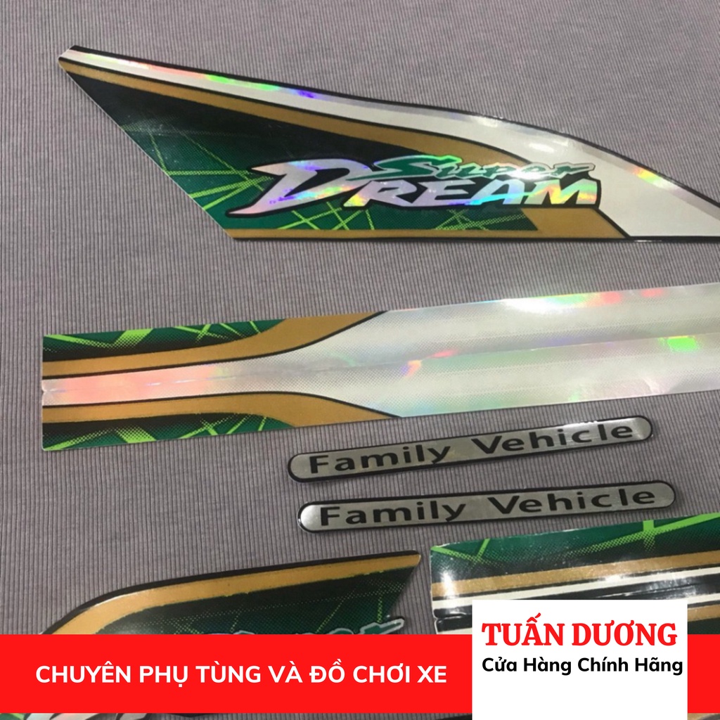 Trọn bộ tem rời dán xe máy Super Dream màu xanh lá cây, Tem hàng đẹp lắp được cả dream thái và dream việt các đời