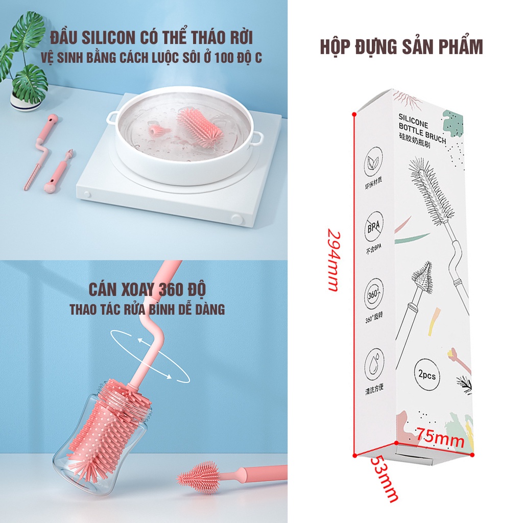Cọ bình sữa Silicon cao cấp 2 chi tiết có tay cầm xoay 360 độ dùng cho mọi loại bình