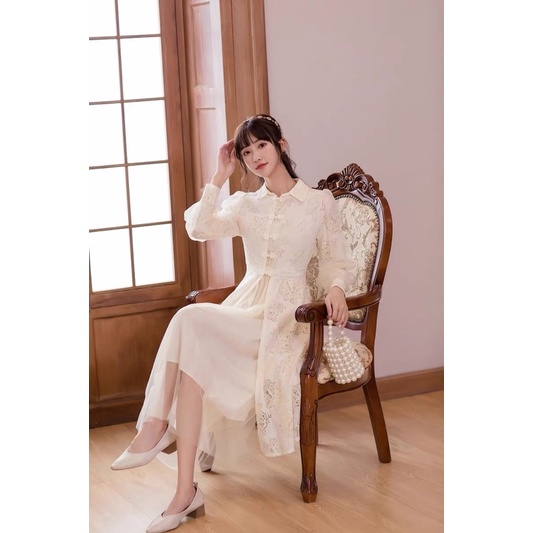 Sẵn🖤Đầm công chúa ren tay phồng phong cách cổ điển Trung Hoa/ Áo dài cách tân tiểu thư voan 2 tầng lớp dáng xoè nàng thơ